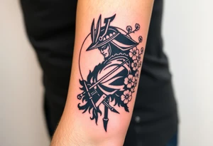 noble samurai warrior silhouette at sunset with cherry blossoms tattoo idea