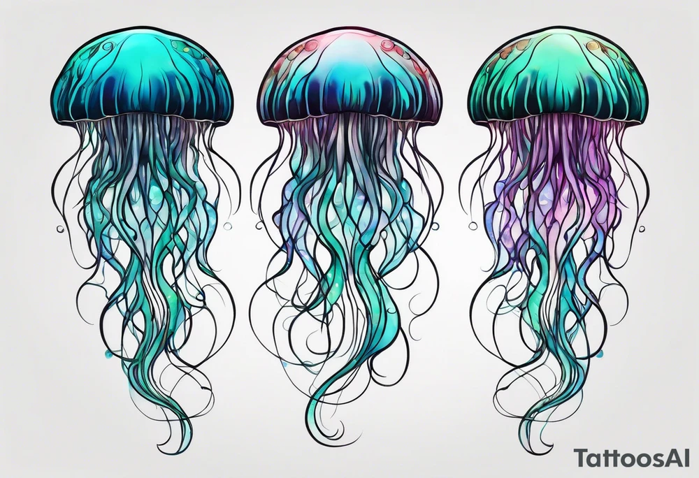 two jellyfish swimming together, with one larger than the other, with space in between them both with long tentacles of varying lengths and design tattoo idea