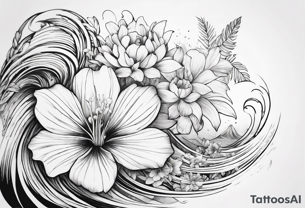 wave,, flower, palm, sea animal tattoo idea