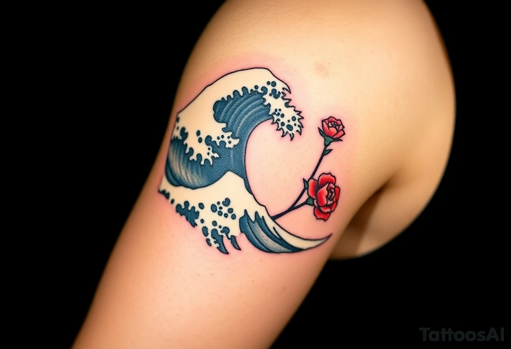 A detailed Great Wave off Kanagawa incorporate a red rose with a stem on the side of the wave tattoo idea