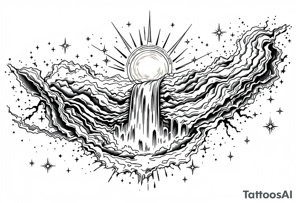 A solar system of stars that turn into a waterfall and rain tattoo idea