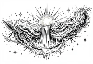 A solar system of stars that turn into a waterfall and rain tattoo idea