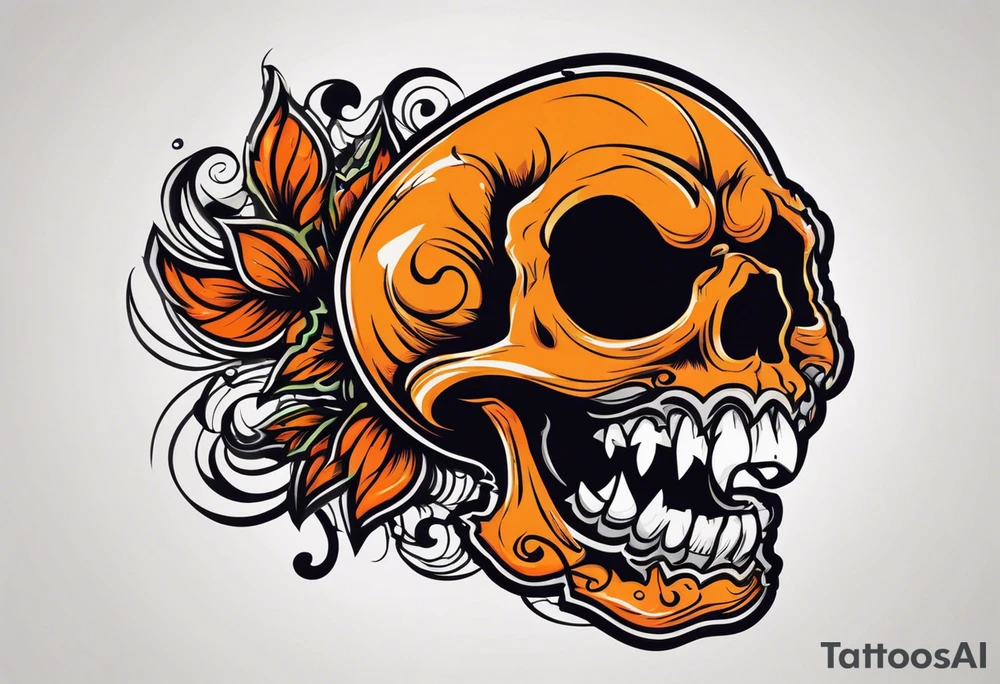 skull laughing black and orange tattoo idea