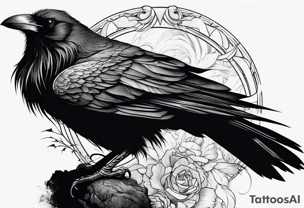a scary black raven facing left tattoo idea