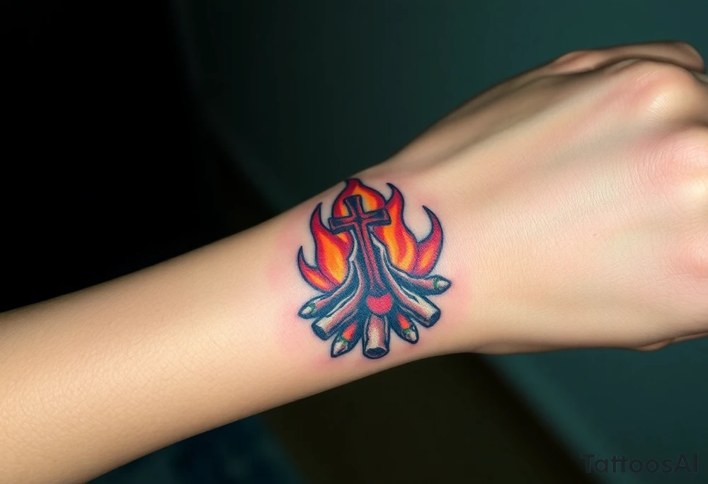 Campfire with a cross hidden in the flames tattoo idea