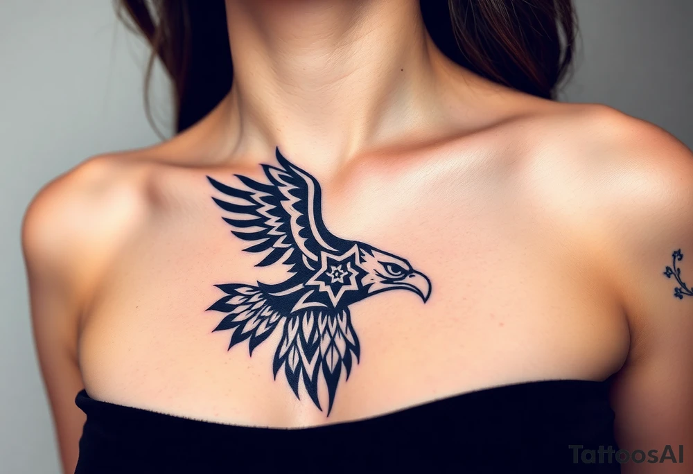 A tribal eagle in black ink with geometric patterns, seamlessly blending traditional and modern tattoo styles tattoo idea