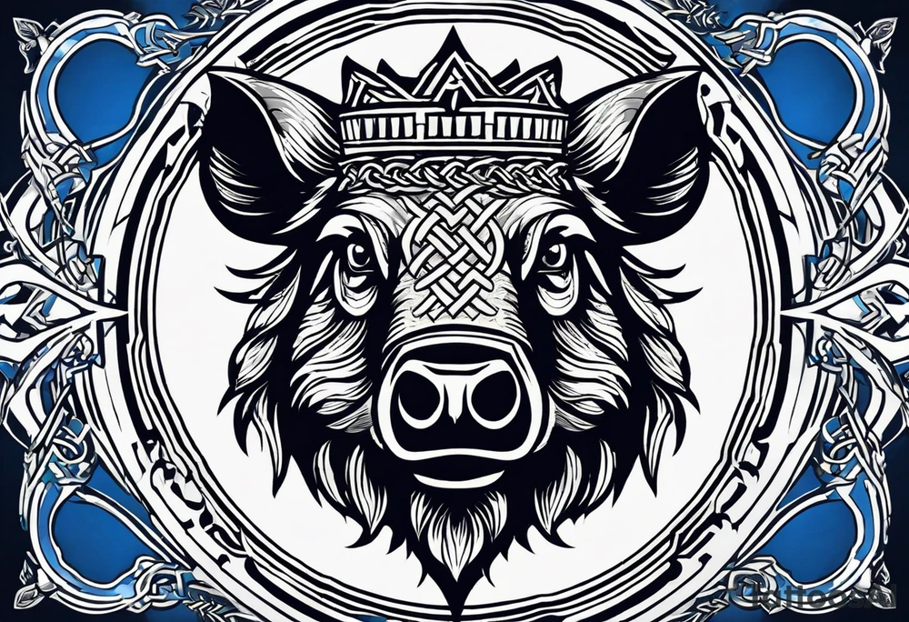 A classic tribal Celtic boar Integrated with a Chatwin, family crest and a Thistle. Simple with few lines. Blue and gold Chevron Chatwin family crest tattoo idea