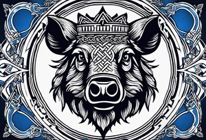 A classic tribal Celtic boar Integrated with a Chatwin, family crest and a Thistle. Simple with few lines. Blue and gold Chevron Chatwin family crest tattoo idea