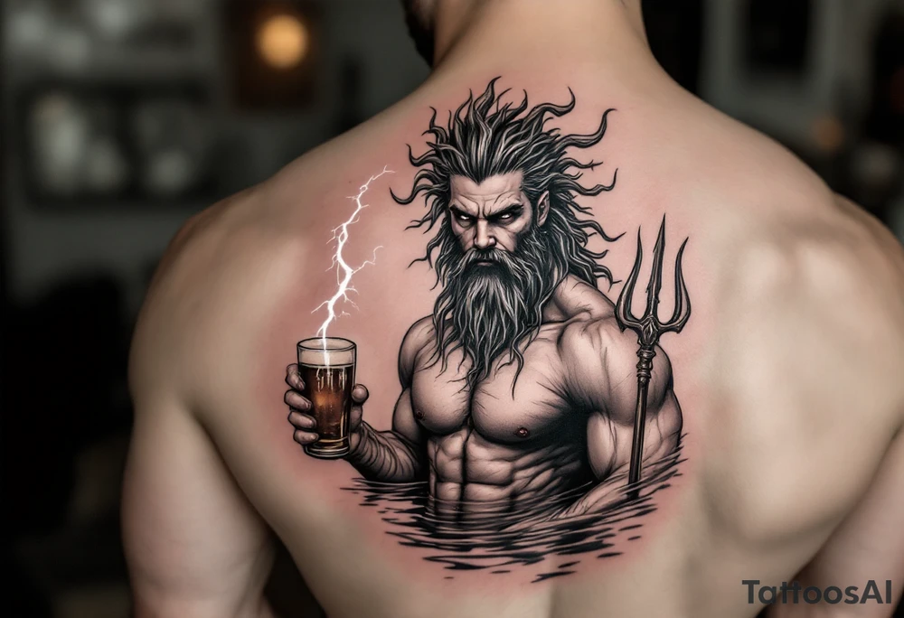 young, fit poseidon in calm water, holding a trident, holding a beer, with lightning tattoo idea