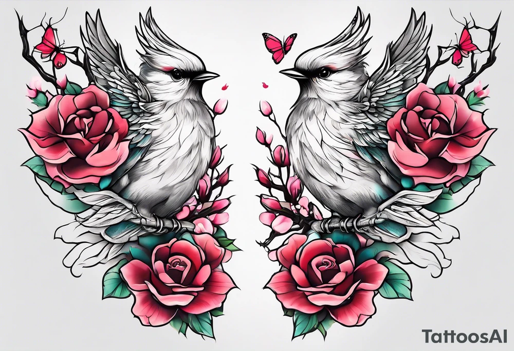 Memorial tattoo Japanese cherry blossom with birds, butterflies and rose on the forearm tattoo idea