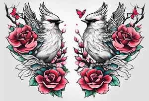 Memorial tattoo Japanese cherry blossom with birds, butterflies and rose on the forearm tattoo idea