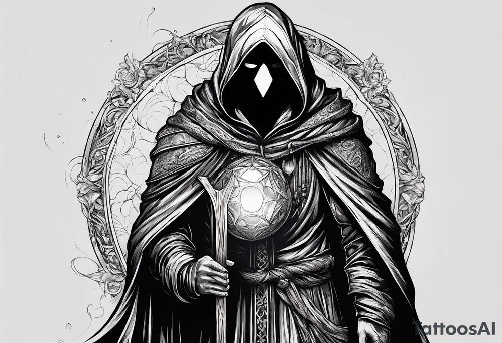 Hooded figure with no face carrying wooden staff with gem on top and wearing a long tattered cloak tattoo idea