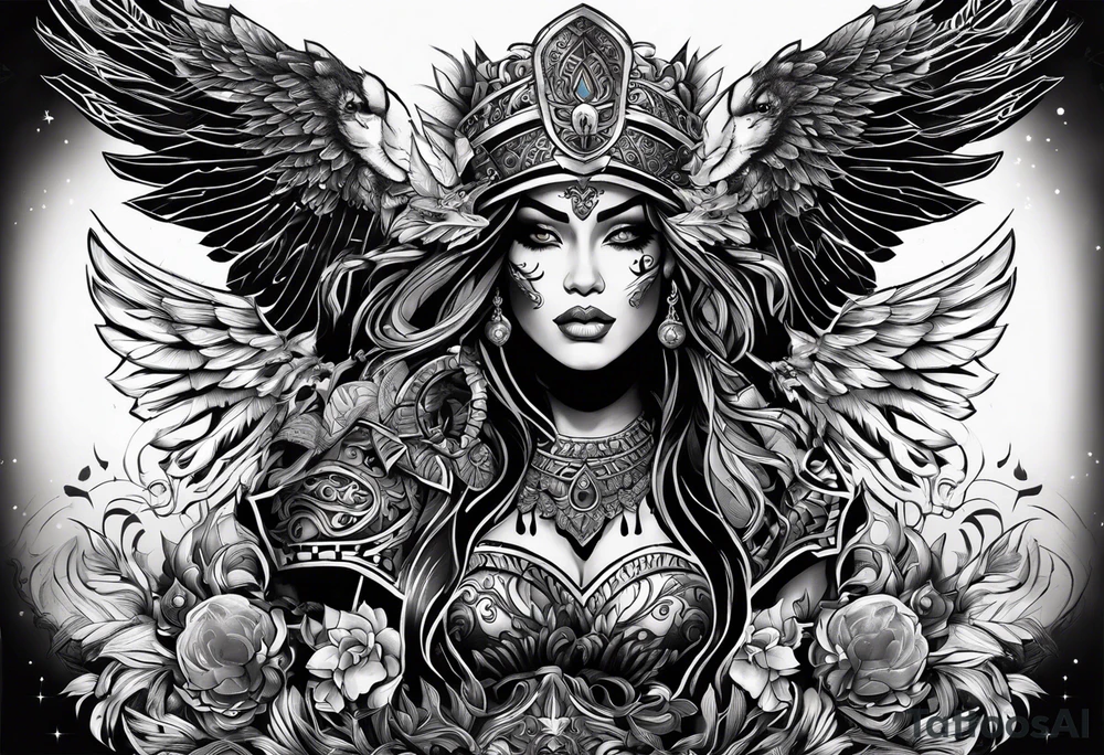 black kali, goddess pirate, alien, pachamama, valkrye, warrior, skull, lotus azul, wing, eagle, zenza resonance, stars, one side chest tattoo idea