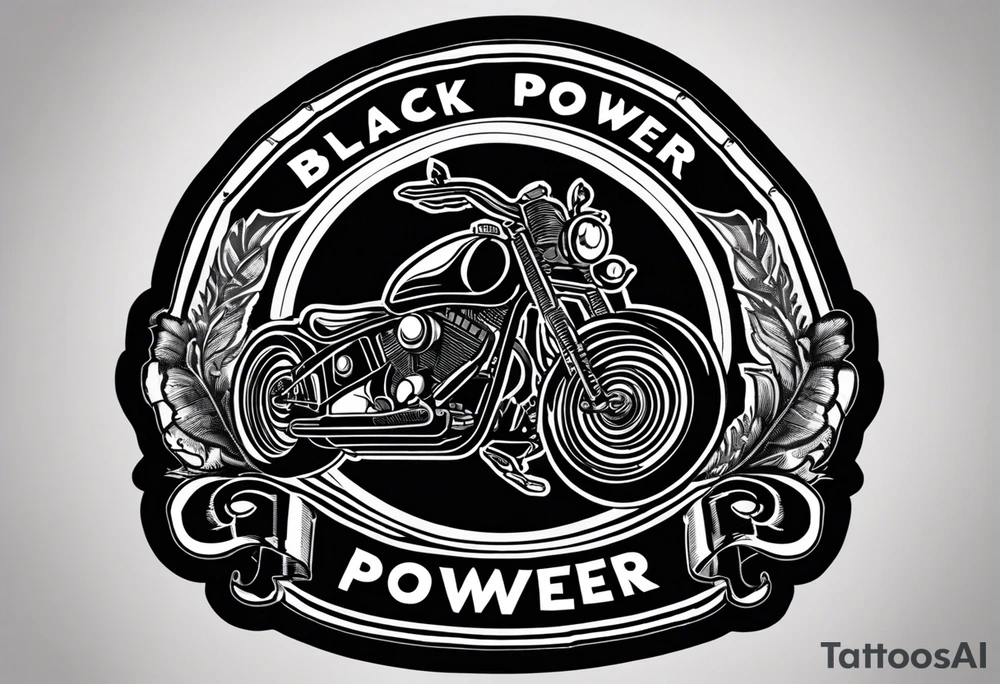 A tattoo of a three-piece motorcycle club patch with a centrepiece a top rocker snd a bottom rocker. 
The centre piece is an image well it’s a drawing of a clenched fist 
The top rocker curves around the top of the centrepiece and has the words “BLACK*POWER” written inside it as specified all in upper case and using the bold condensed benguiat font. The bottom rocker Curves around the bottom of this centrepiece and has the word “WAIKATO” written in it as specified all in uppercase and using the bold condensed benguiat font tattoo idea