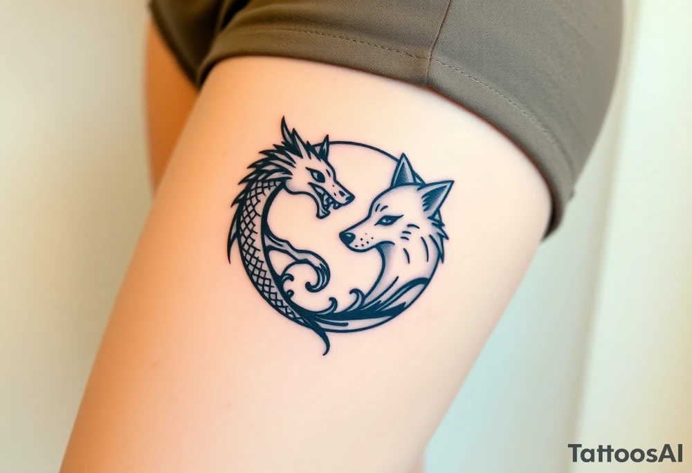 Ying yang symbol with one side a dragon and one side a wolf tattoo idea
