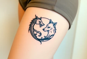 Ying yang symbol with one side a dragon and one side a wolf tattoo idea