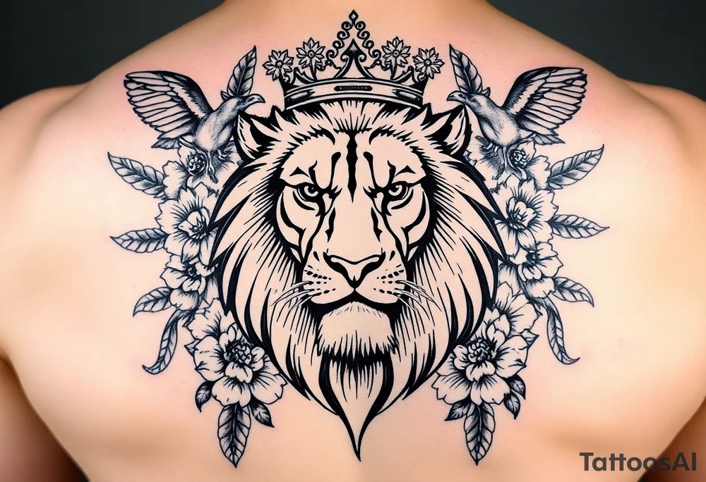 powerful majestic lion with a crown, surrounded by floral ornaments and birds tattoo idea