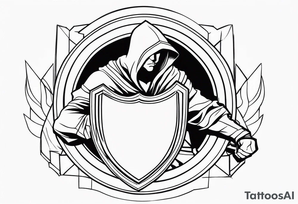 man crouched behind shield tattoo idea