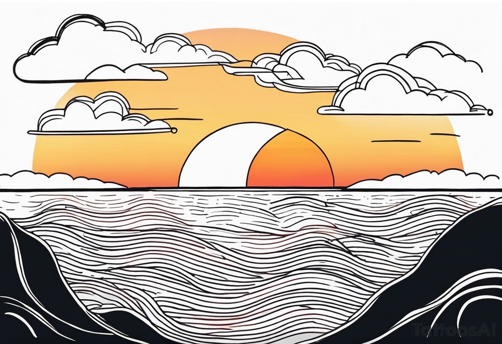 You're adding way too much. hand drawn minimal sunset. Only Ocean and sunset in the image. Very calm waters with barely any waves. tattoo idea