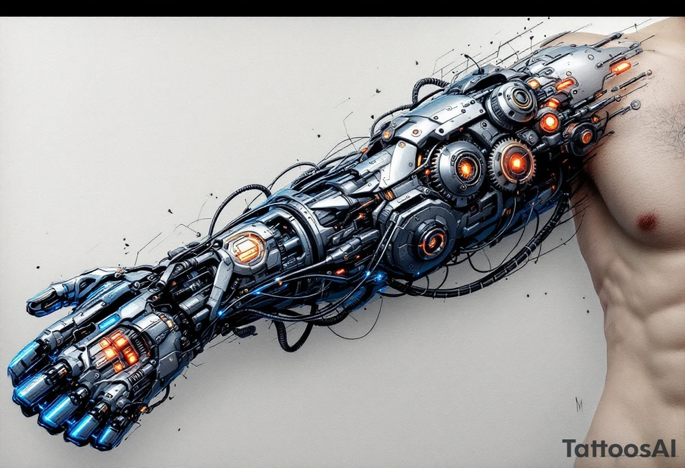 A cybernetic arm with exposed gears and wires, in brushed metal, steel blue, and glowing neon accents, appearing as if the skin is peeling away. tattoo idea