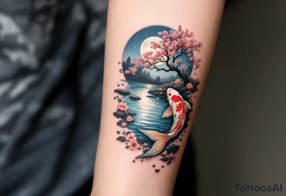 a koi fish swimming upstream in a pond moonlight by the full moon with a sakura tree by the pond tattoo idea