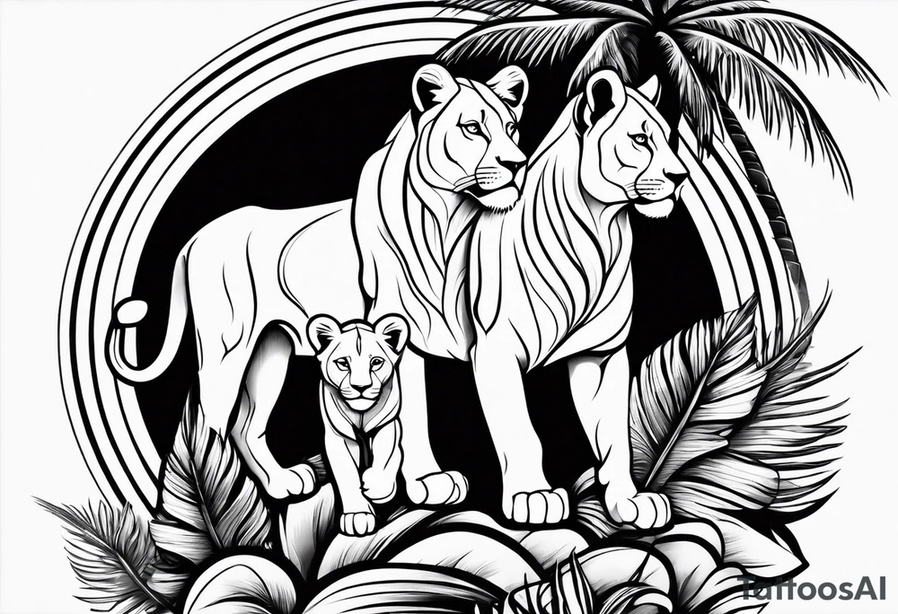 lioness and cub sun palm tree tattoo idea