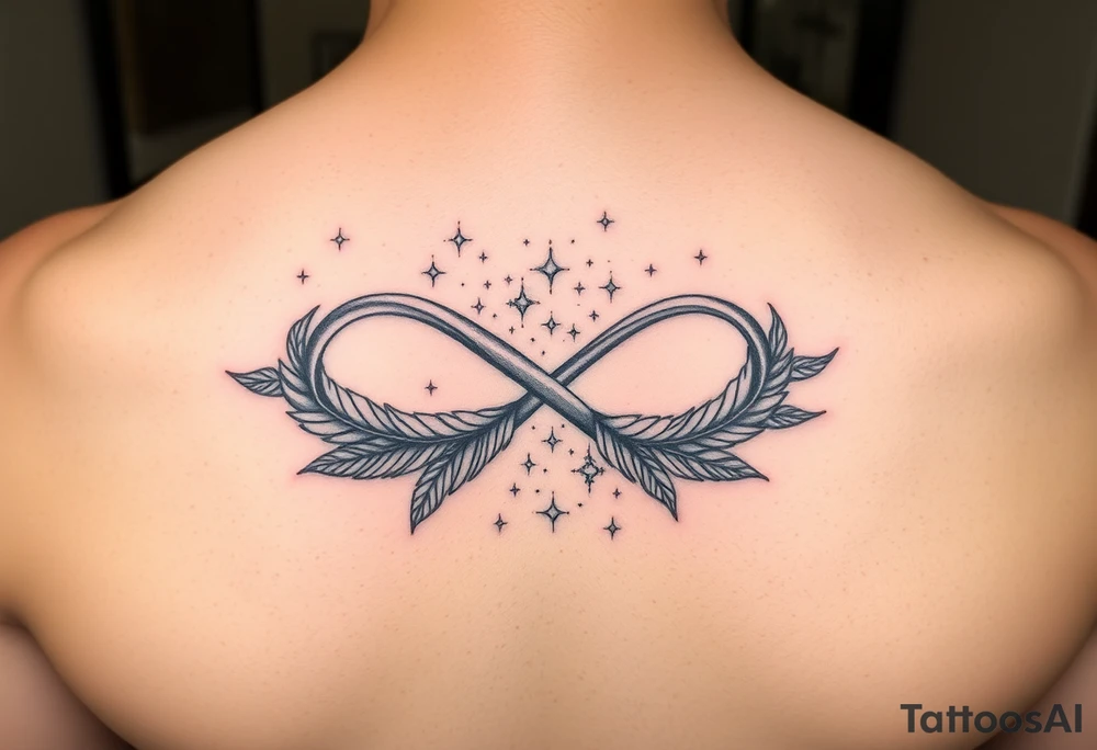 infinity symbol woven with floating feathers and stardust tattoo idea