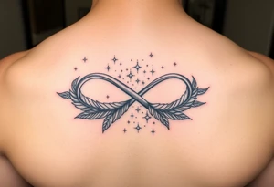 infinity symbol woven with floating feathers and stardust tattoo idea