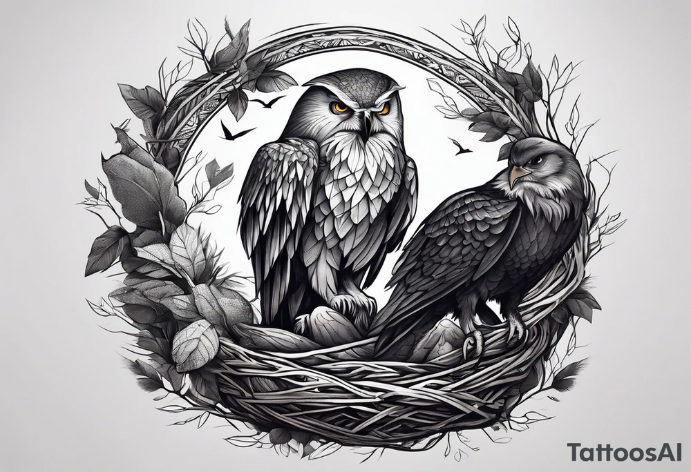Owl, raven, eagle cuddled in a nest, birdseye view tattoo idea