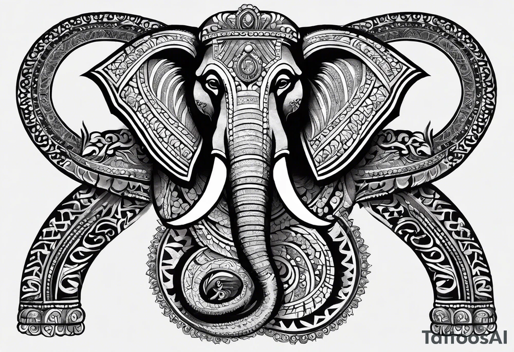 Hindu Sanskrit tribal design on right shoulder and chest, for man. No too dark and more thicker lines. Include ancient Hindu animals, like Navagunjara, elephants, naina snake 5 heads. tattoo idea