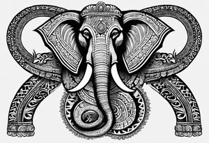 Hindu Sanskrit tribal design on right shoulder and chest, for man. No too dark and more thicker lines. Include ancient Hindu animals, like Navagunjara, elephants, naina snake 5 heads. tattoo idea