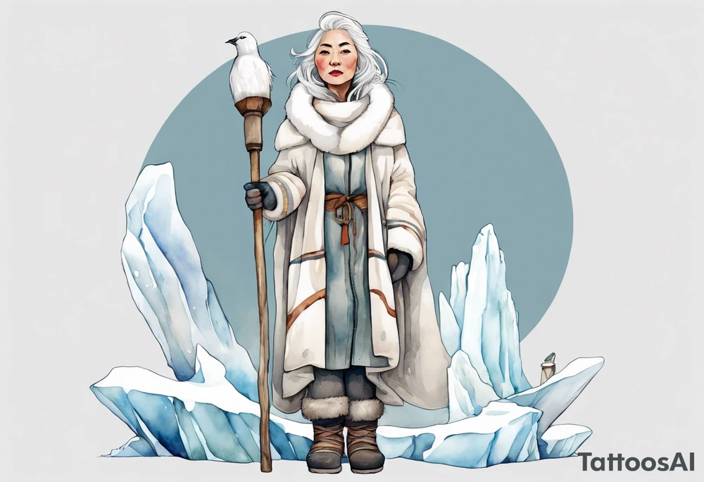 a middle aged Inuit woman with white hair, wearing mittens, mukluks, and a white cloak. Holding a white staff. Standing on an iceberg alone tattoo idea