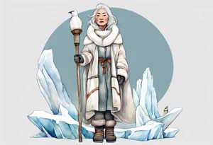 a middle aged Inuit woman with white hair, wearing mittens, mukluks, and a white cloak. Holding a white staff. Standing on an iceberg alone tattoo idea