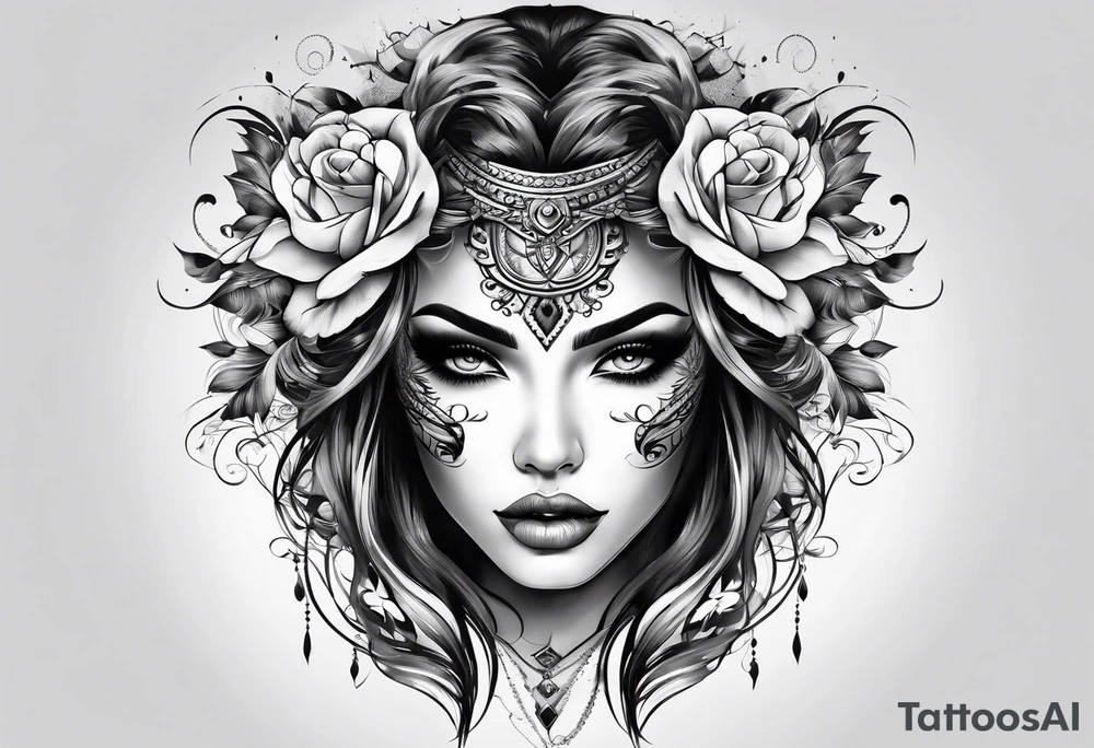 Half evil half beautiful female face tattoo idea