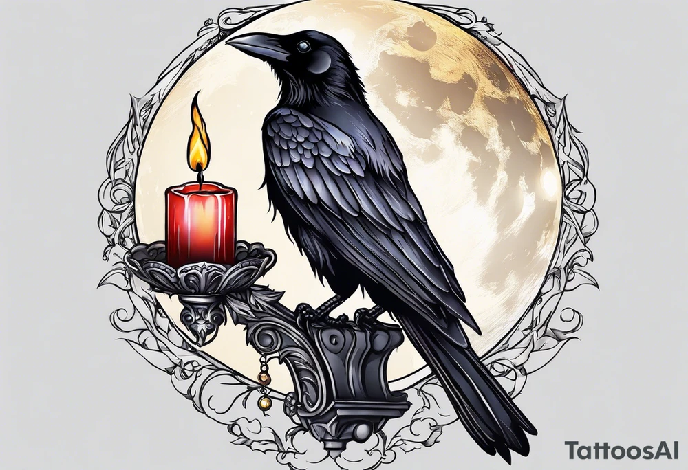 Gothic crow flying holding a candle with a moon in the background tattoo idea