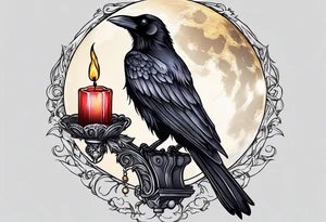Gothic crow flying holding a candle with a moon in the background tattoo idea