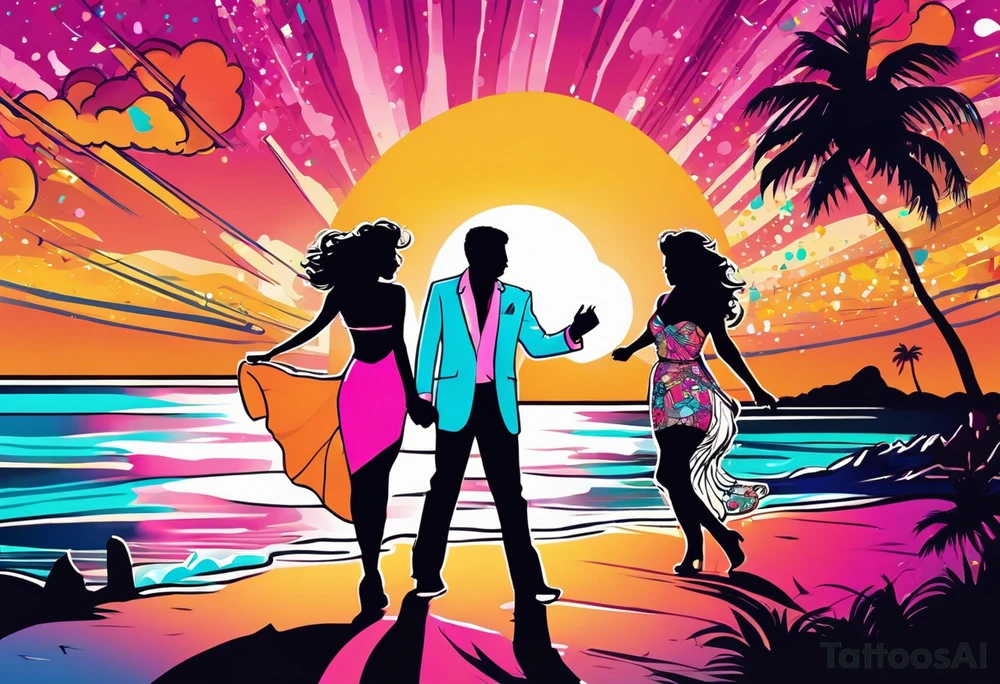 1980's miami vice style beach dance 
party, include confetti, music notes, boom box, bikinis sunset in the center tattoo idea