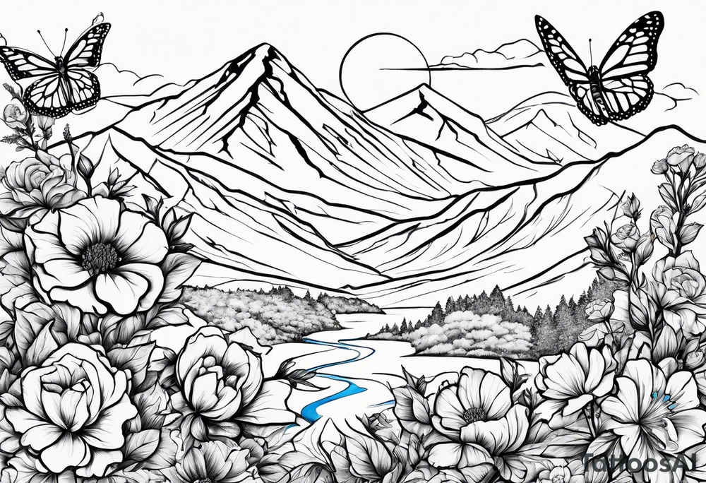 Rocky mountain peak with mountain blue birds and monarch butterflies with wild prairie roses for a half sleeve tattoo idea