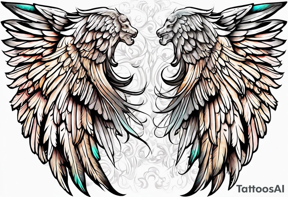 beautiful angel wings. with flilgree in the background tattoo idea