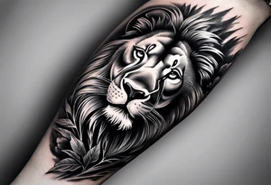 realistic 
black and gray forearm sleeve tattoo where a lion is entering a forest and turning his head back tattoo idea