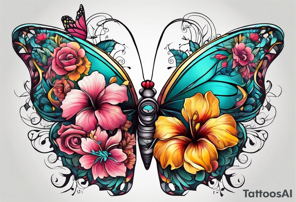 Butterfly made of flowers, hibiscus, roses, yellow, teal, pink tattoo idea
