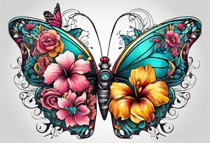 Butterfly made of flowers, hibiscus, roses, yellow, teal, pink tattoo idea