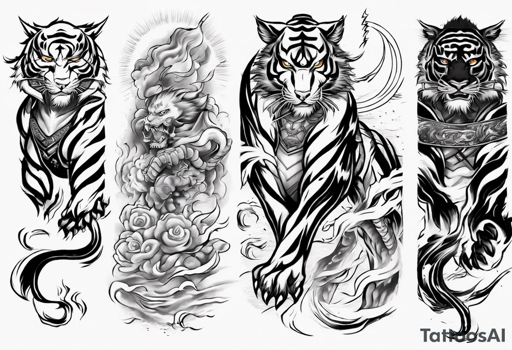 tiger warrior with lightning and the sun for a forearm sleeve tattoo idea