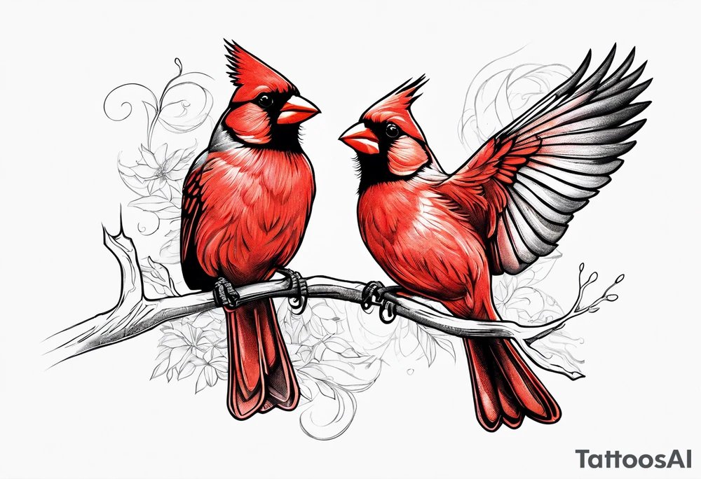 Male and female cardinal flying together tattoo idea