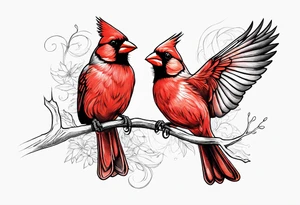 Male and female cardinal flying together tattoo idea