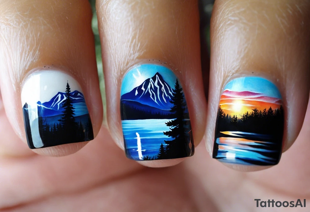 I want a large tattoo with a super realistic paw print, within the paw print I want a landscape and I want it to be lifelike texture and shading, especially on the nails. Inside the paw print, there's a detailed nature scene: mountains, a lake, a stream, and southern oak trees with wide canopies like a traditional southern background, and no pine trees. Keep the peeks of the mountains soft. The sun peeks over the mountains, shining and reflecting over the land and water, with realistic shading for depth. Around the paw print, l'd like a splotchy, fading background for a natural, textured look, but without any animals. The overall style should be detailed and realistic, with strong shading and dimension. No color and very realistic in the paw. tattoo idea