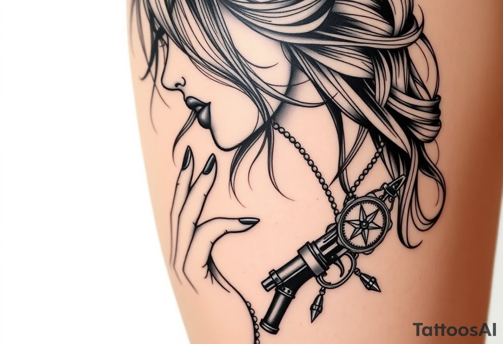 Profile of sexy woman with messy hair
, hand on chin, mouth open , lace, lipstick, pearls
compass and gun near by tattoo idea