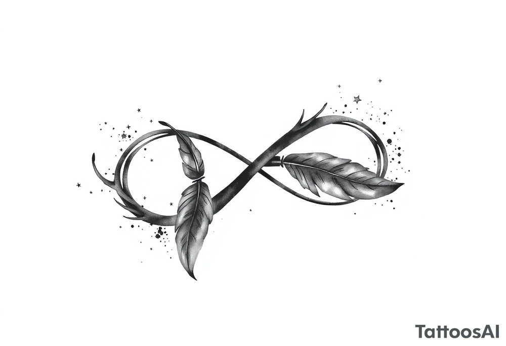 infinity symbol woven with floating feathers and stardust tattoo idea
