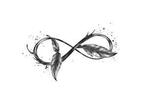 infinity symbol woven with floating feathers and stardust tattoo idea