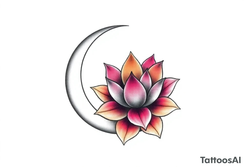 small colorful crescent moon with lotus flower tattoo idea